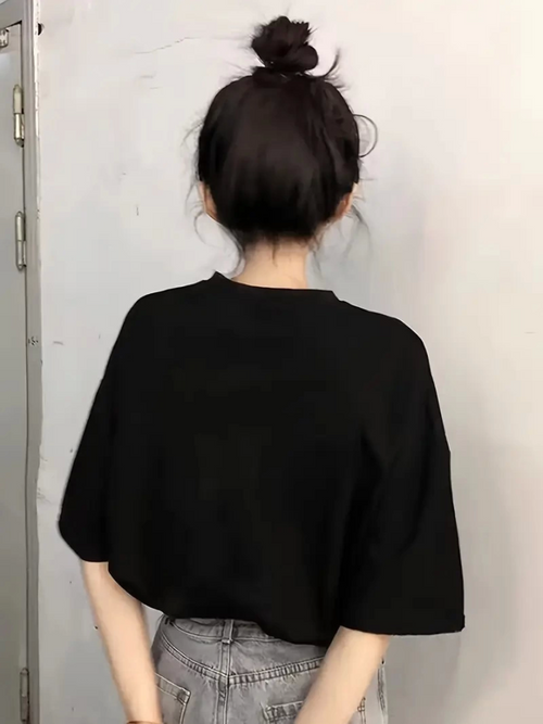 Baskılı Oversize Bisiklet Yaka T-shirt - Siyah (158932)