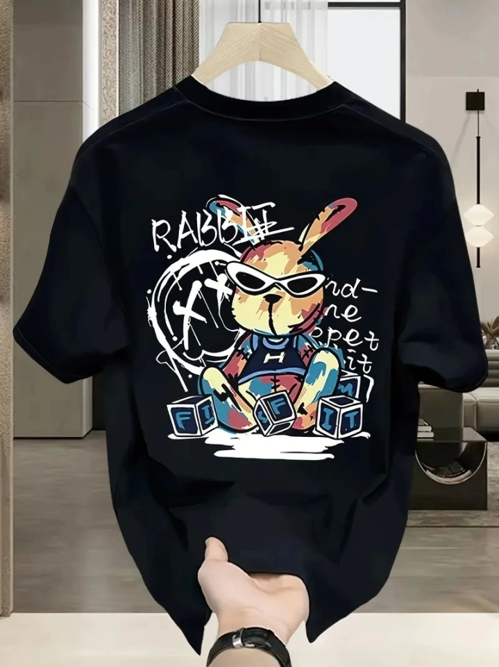 Baskılı Oversize Bisiklet Yaka T-shirt - Siyah (158947)
