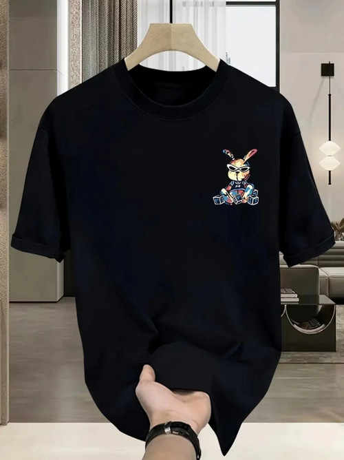 Baskılı Oversize Bisiklet Yaka T-shirt - Siyah (158947)