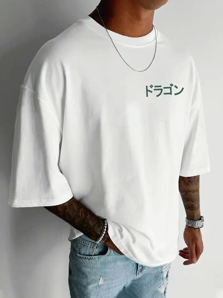Baskılı Oversize Bisiklet Yaka T-shirt - Beyaz (158952)