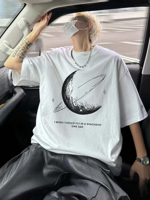 Baskılı Oversize Bisiklet Yaka T-shirt - Beyaz (158966)