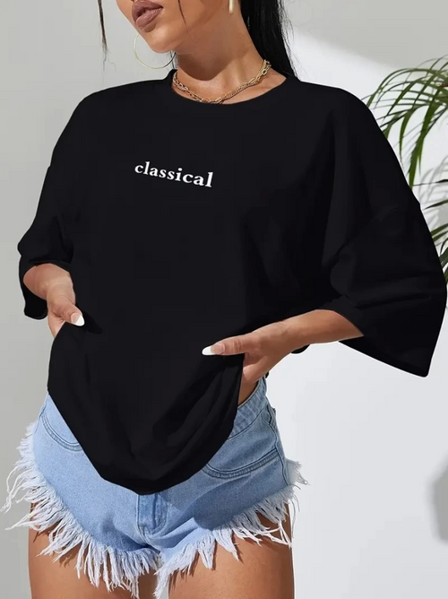 Baskılı Oversize Bisiklet Yaka T-shirt - Siyah (158981)