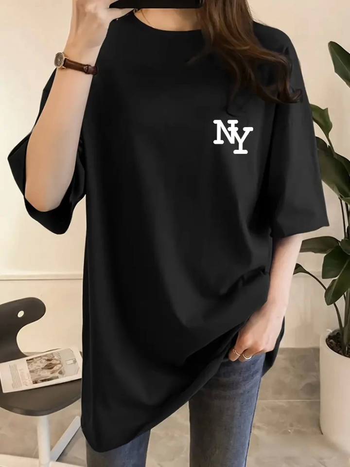 Baskılı Oversize Bisiklet Yaka T-shirt - Siyah (158986)