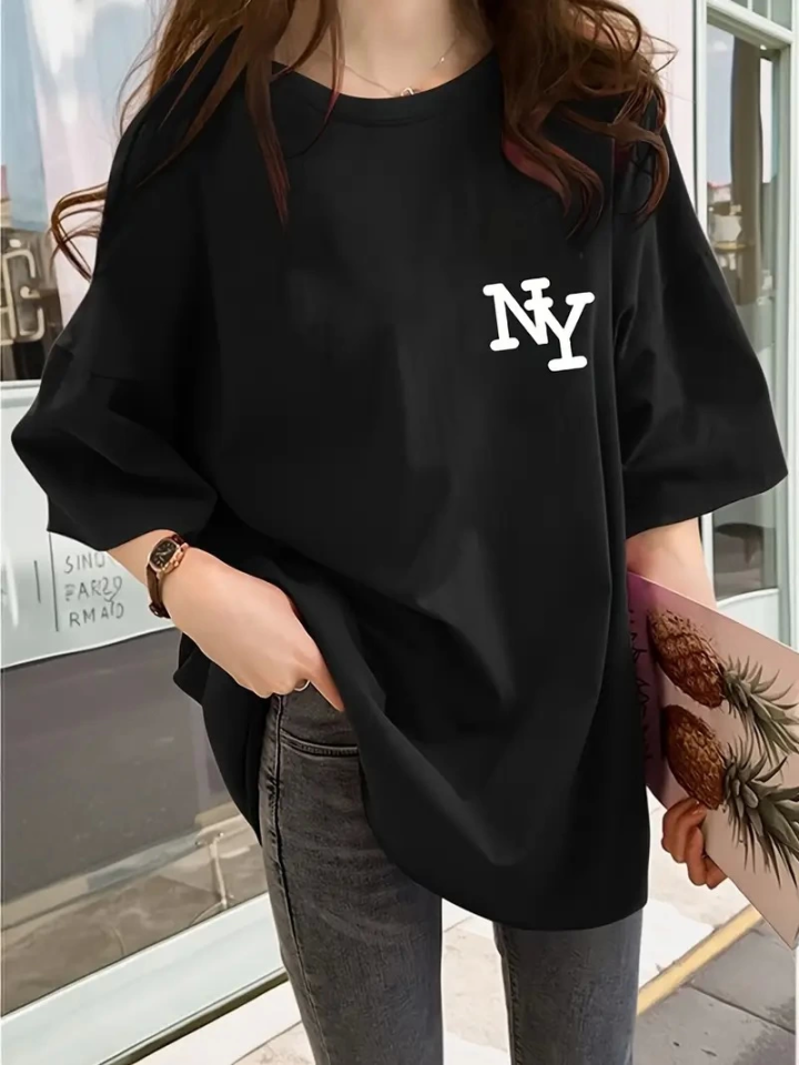 Baskılı Oversize Bisiklet Yaka T-shirt - Siyah (158986)