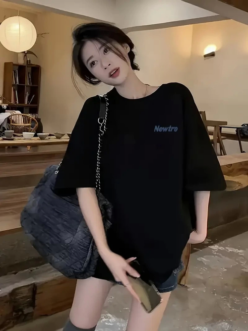 Baskılı Oversize Bisiklet Yaka T-shirt - Siyah (159020)