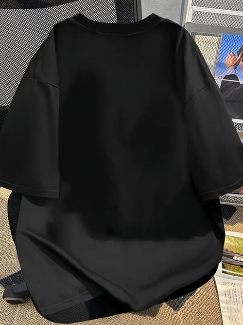 Baskılı Oversize Bisiklet Yaka T-shirt - Siyah (159021)