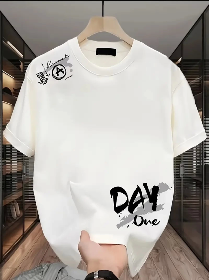 Baskılı Oversize Bisiklet Yaka T-shirt - Beyaz (159023)