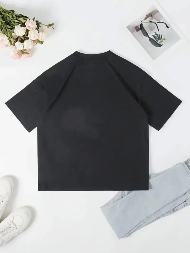 Baskılı Oversize Bisiklet Yaka T-shirt - Siyah (159032)