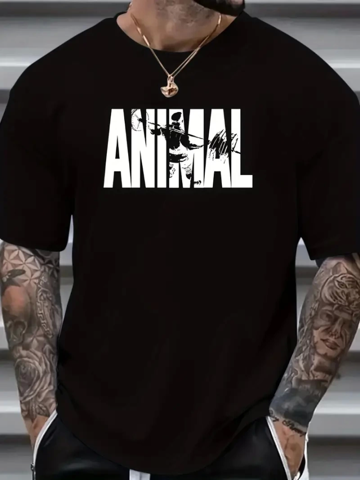 ANIMAL Desen Baskı Erkek Oversive Tişört, Grafik Tişört Erkek Yazlık Outdoor Kıyafetleri, Sporda Ve Günlük Giyime Uygun  - Siyah (159068)