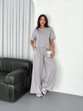 Osy Modal Yumuşak Dokulu Kumaş Bisiklet Yaka T-shirt  Bol Paça Pantalon Ikili Takım - Boyalı Gri (159906)