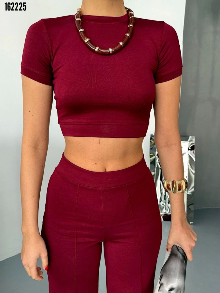 Osy modal crop pantolon takım bordo - yan