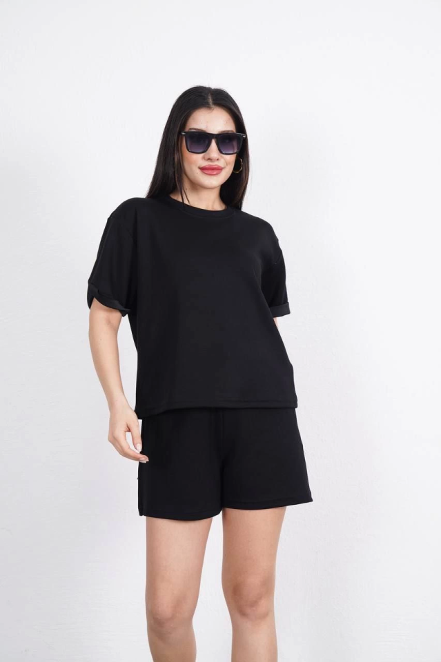 Osy Modal Yumuşak Dokulu Kumaş Bisiklet Yaka T-shirt Kısa Şort İkili Takım - Siyah (162240)