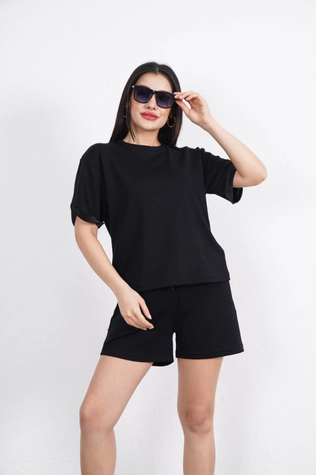 Osy Modal Yumuşak Dokulu Kumaş Bisiklet Yaka T-shirt Kısa Şort İkili Takım - Siyah (162240)