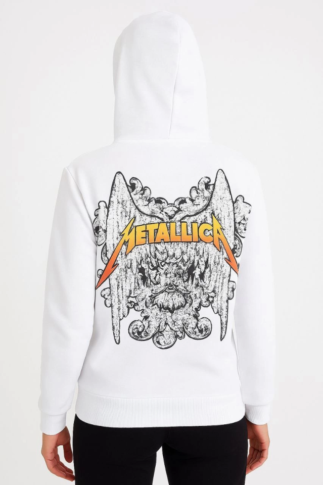Metallica İki İplik Kapüşonlu Ön Ve Arka Baskılı Hoodie - Beyaz (171719)