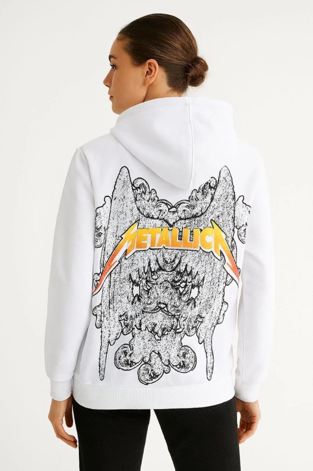 Metallica İki İplik Kapüşonlu Ön Ve Arka Baskılı Hoodie - Beyaz (171719)
