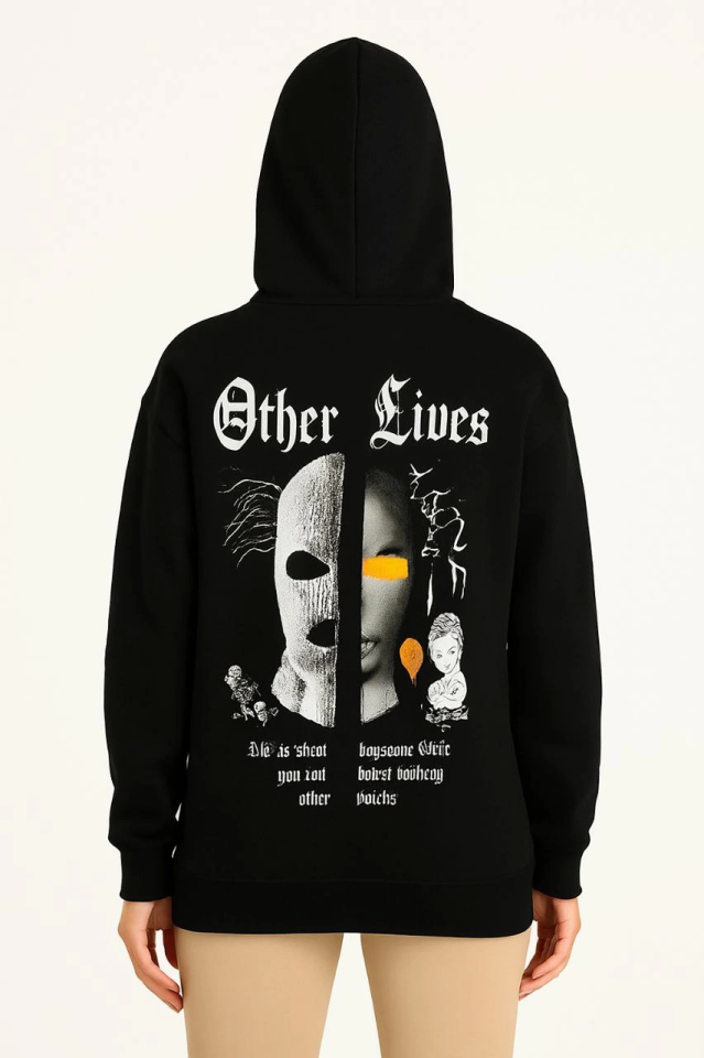 Üç İplik Kapşonlu ön Ve Arka Baskılı SweatShirt Hoodie- Siyah (172563)