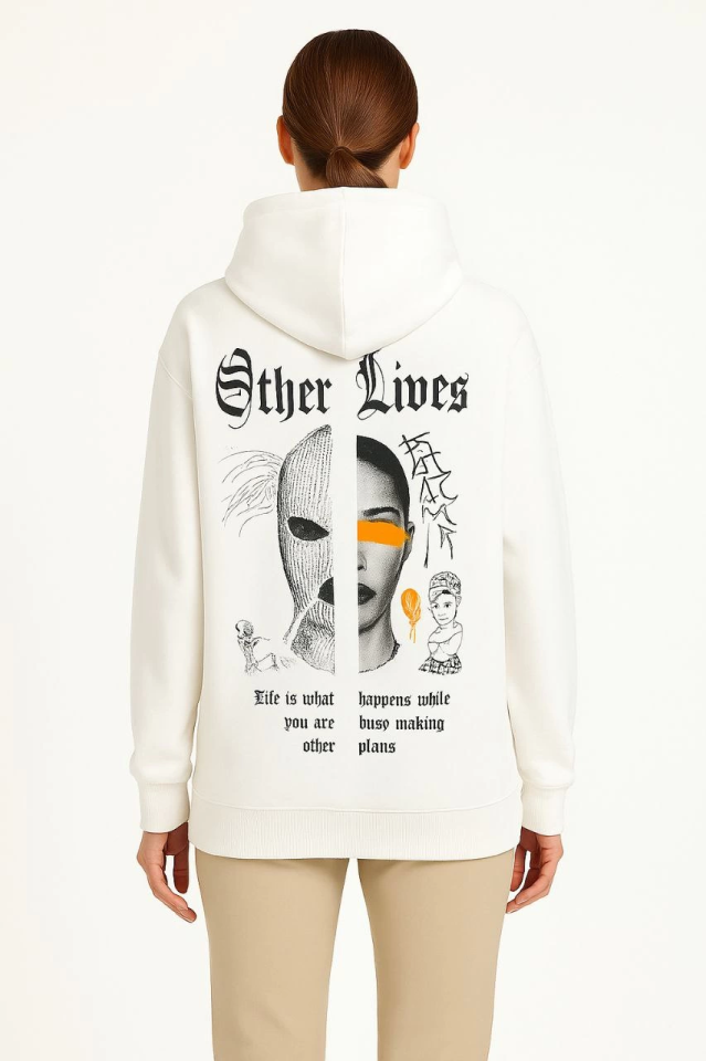Üç İplik Kapşonlu ön Ve Arka Baskılı SweatShirt Hoodie- Beyaz (172564)