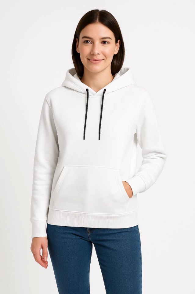 Üç İplik Kapüşonlu Kanguru Çepli SweatShirt Hoodie - Beyaz (172565)