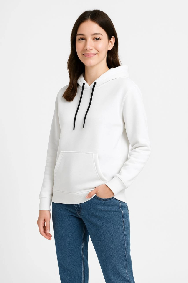 Üç İplik Kapüşonlu Kanguru Çepli SweatShirt Hoodie - Beyaz (172565)
