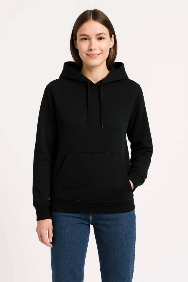 Üç İplik Kapüşonlu Kanguru Çepli SweatShirt Hoodie - Siyah (172566)
