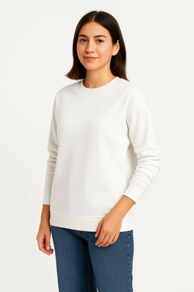 Üç İplik Düz Bisiklet Yaka SweatShirt - Beyaz (172570)