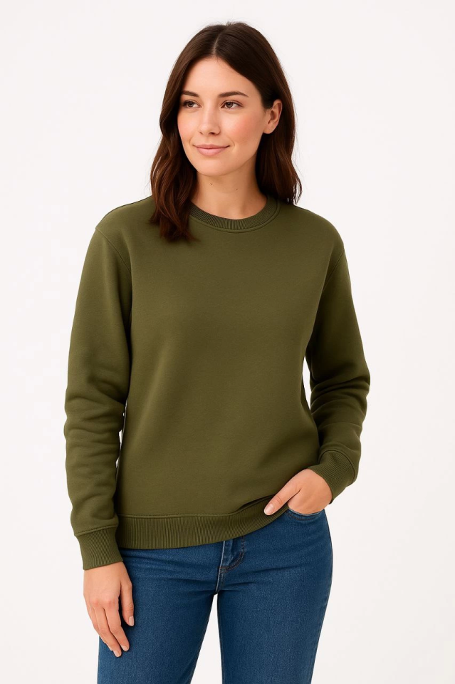 Üç İplik Düz Bisiklet Yaka SweatShirt - Haki (172571)