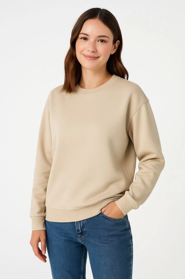 Üç İplik Düz Bisiklet Yaka SweatShirt - Bej (172572)