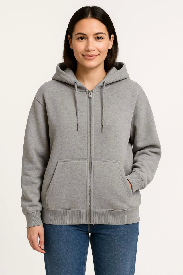 Üç İplik Kapüşonlu Tam Fermuarlı Kanguru Çepli SweatShirt Hoodie - Gri (172599)