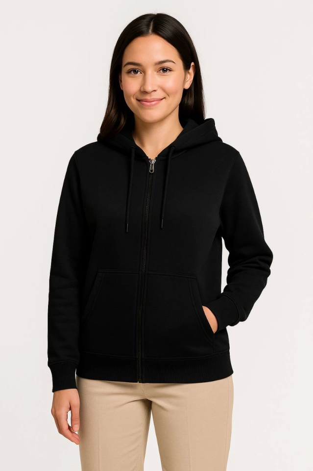 Üç İplik Kapüşonlu Tam Fermuarlı Kanguru Çepli SweatShirt Hoodie - Siyah (172600)