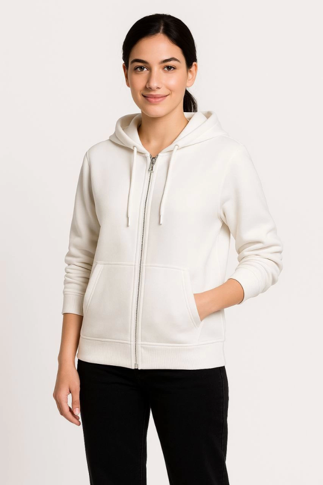 Üç İplik Kapüşonlu Tam Fermuarlı Kanguru Çepli SweatShirt Hoodie - Beyaz (172601)