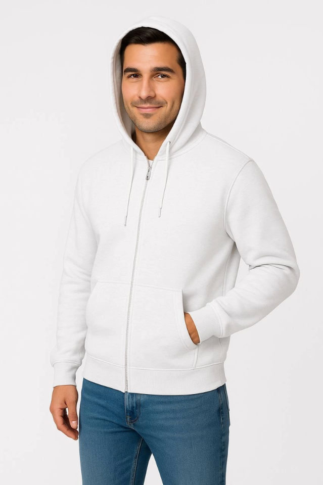 Erkek Üç İplik Kapüşonlu Tam Fermuarlı Kanguru Çepli SweatShirt Hoodie - Beyaz (172602)