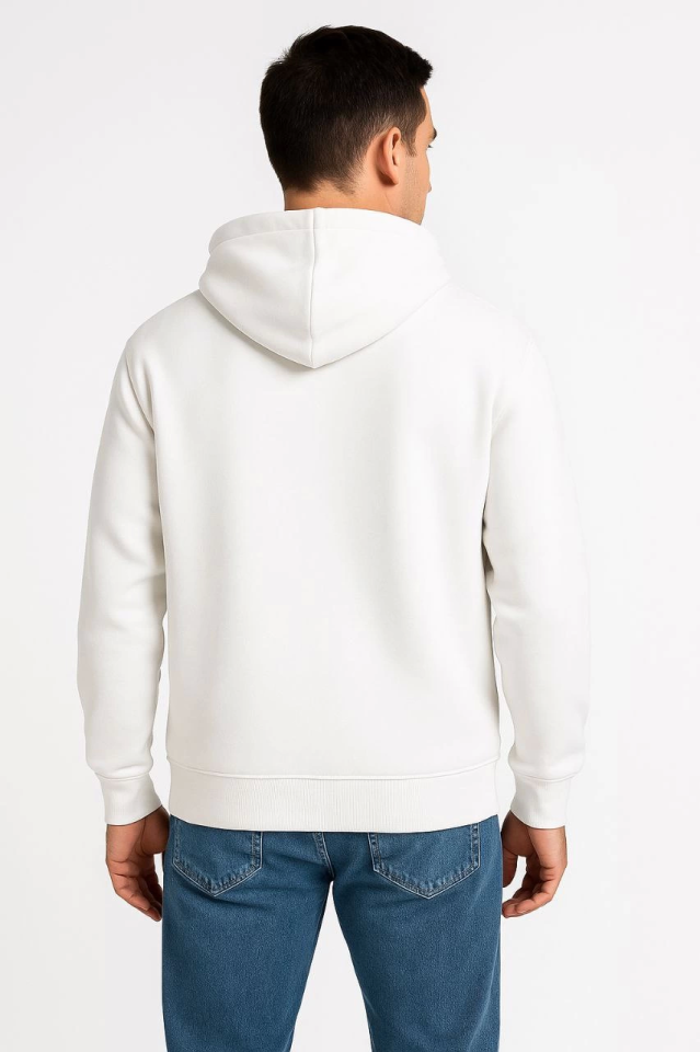 Erkek Üç İplik Kapüşonlu Tam Fermuarlı Kanguru Çepli SweatShirt Hoodie - Beyaz (172602)