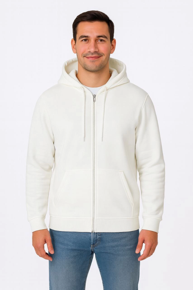 Erkek Üç İplik Kapüşonlu Tam Fermuarlı Kanguru Çepli SweatShirt Hoodie - Beyaz (172602)