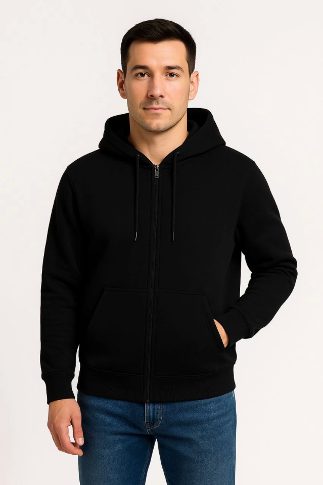 Erkek Üç İplik Kapüşonlu Tam Fermuarlı Kanguru Çepli SweatShirt Hoodie - Siyah (172603)