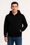 Erkek Üç İplik Kapüşonlu Tam Fermuarlı Kanguru Çepli SweatShirt Hoodie - Siyah (172603)
