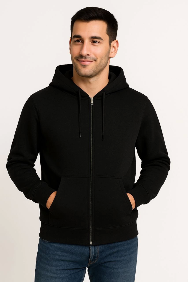 Erkek Üç İplik Kapüşonlu Tam Fermuarlı Kanguru Çepli SweatShirt Hoodie - Siyah (172603)
