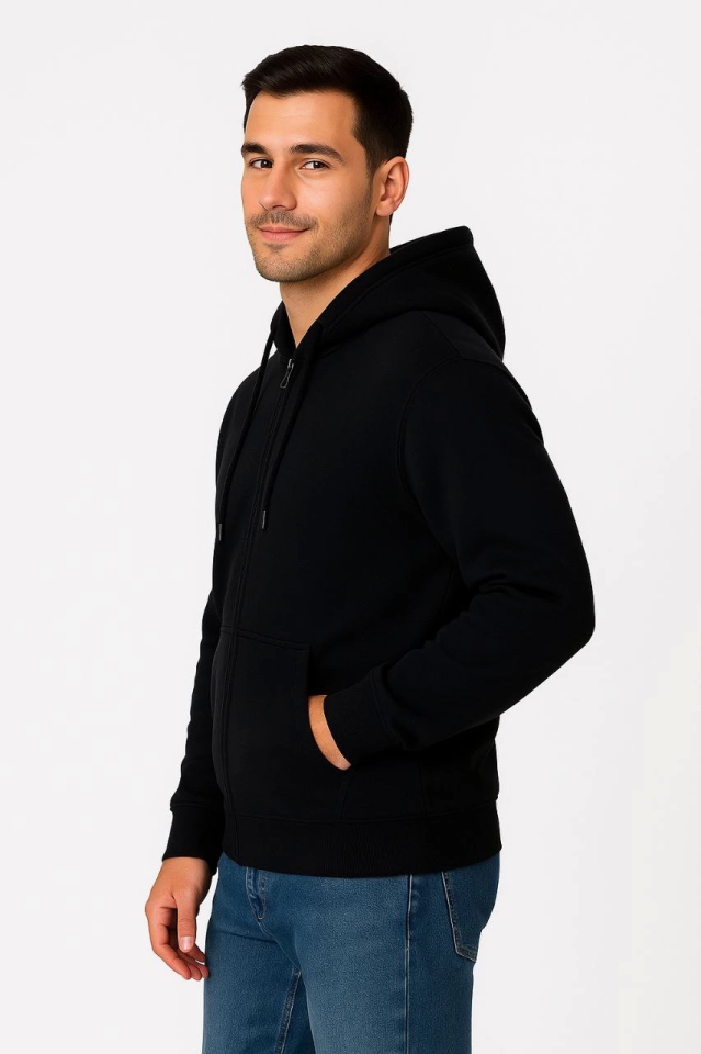 Erkek Üç İplik Kapüşonlu Tam Fermuarlı Kanguru Çepli SweatShirt Hoodie - Siyah (172603)