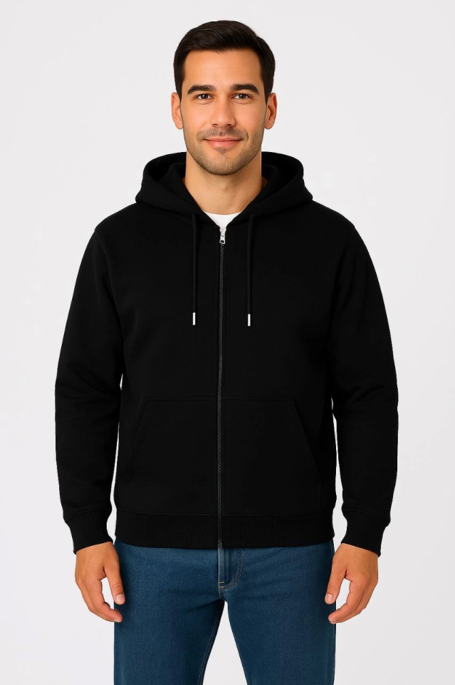 Erkek Üç İplik Kapüşonlu Tam Fermuarlı Kanguru Çepli SweatShirt Hoodie - Siyah (172603)