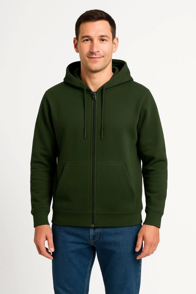Erkek Üç İplik Kapüşonlu Tam Fermuarlı Kanguru Çepli SweatShirt Hoodie - Haki (172604)