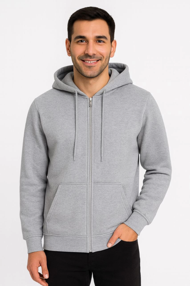 Erkek Üç İplik Kapüşonlu Tam Fermuarlı Kanguru Çepli SweatShirt Hoodie - Gri (172606)