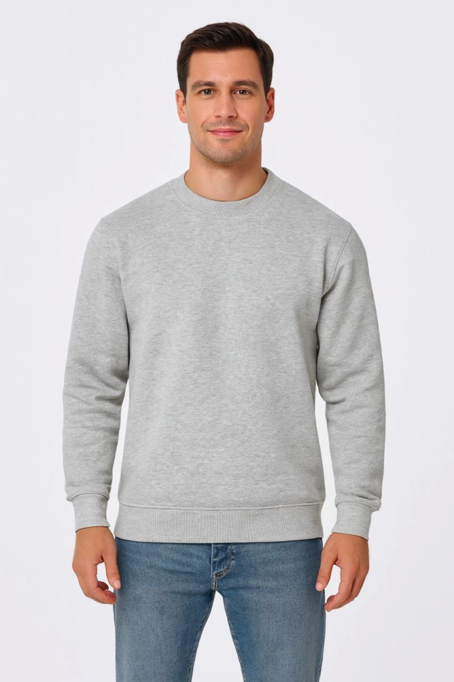 Erkek Üç İplik Düz Bisiklet Yaka SweatShirt - Gri (172664)