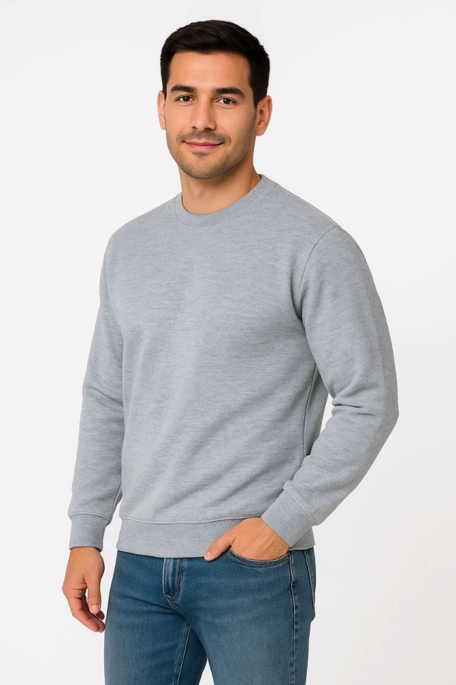 Erkek Üç İplik Düz Bisiklet Yaka SweatShirt - Gri (172664)
