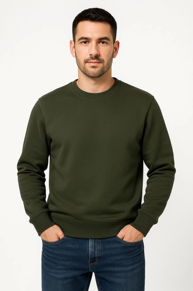Erkek Üç İplik Düz Bisiklet Yaka SweatShirt - Haki (172665)