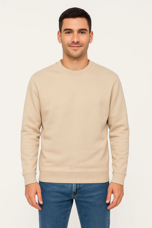 Erkek Üç İplik Düz Bisiklet Yaka SweatShirt - Bej (172666)