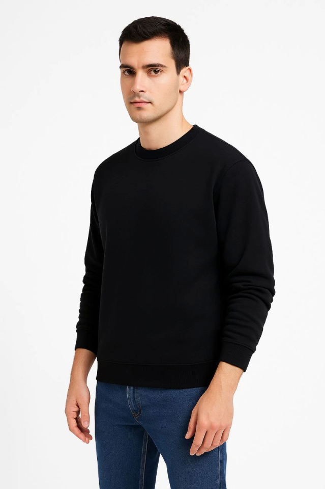 Erkek Üç İplik Düz Bisiklet Yaka SweatShirt - Siyah (172667)