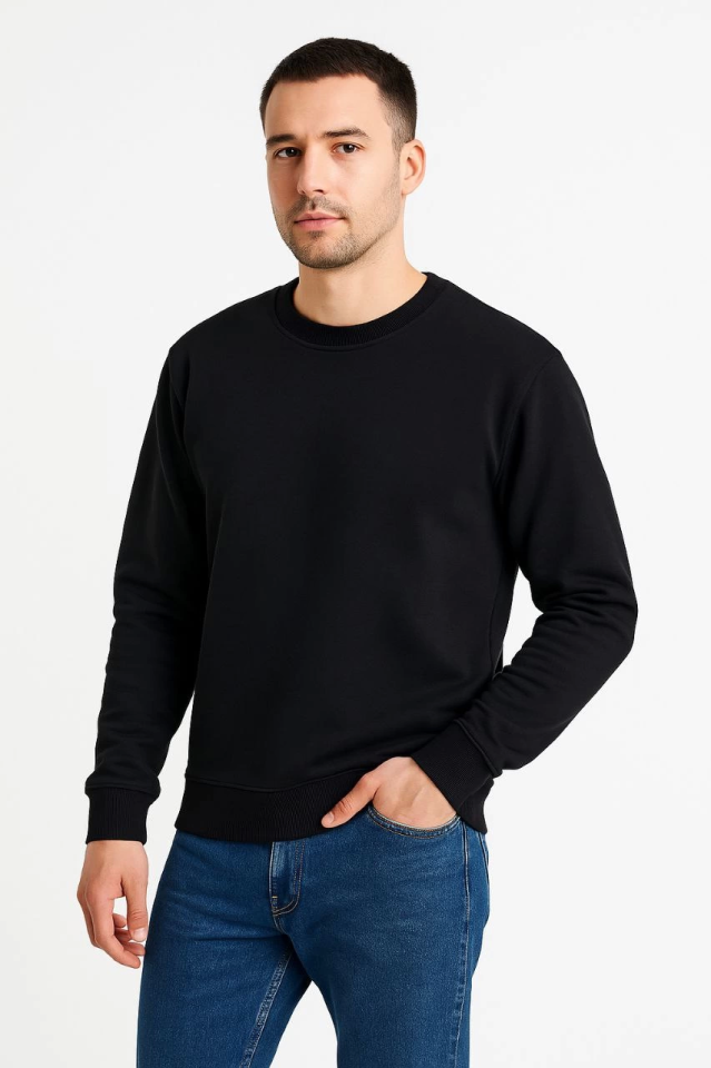 Erkek Üç İplik Düz Bisiklet Yaka SweatShirt - Siyah (172667)