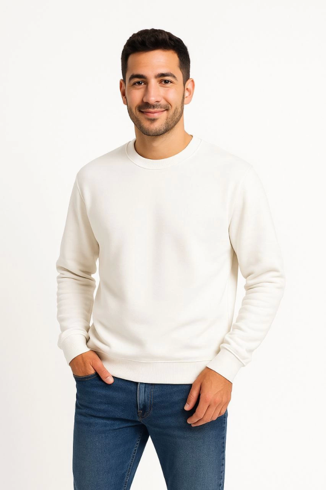 Erkek Üç İplik Düz Bisiklet Yaka SweatShirt - Beyaz (172668)