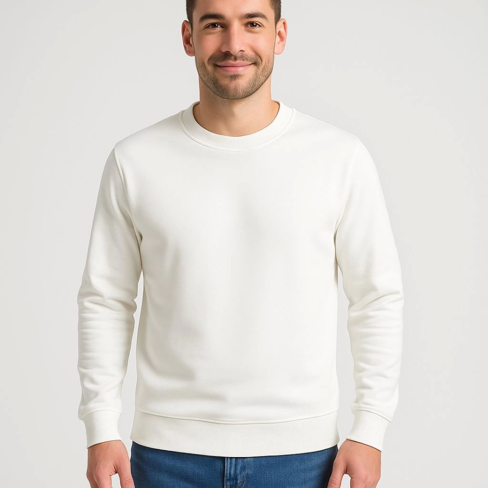 Erkek Üç İplik Düz Bisiklet Yaka SweatShirt - Beyaz (172668)