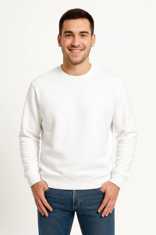 Erkek Üç İplik Düz Bisiklet Yaka SweatShirt - Beyaz (172668)