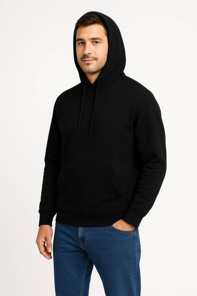 Erkek Üç İplik Kapüşonlu Kanguru Cepli SweatShirt Hoodie - Siyah (172689)